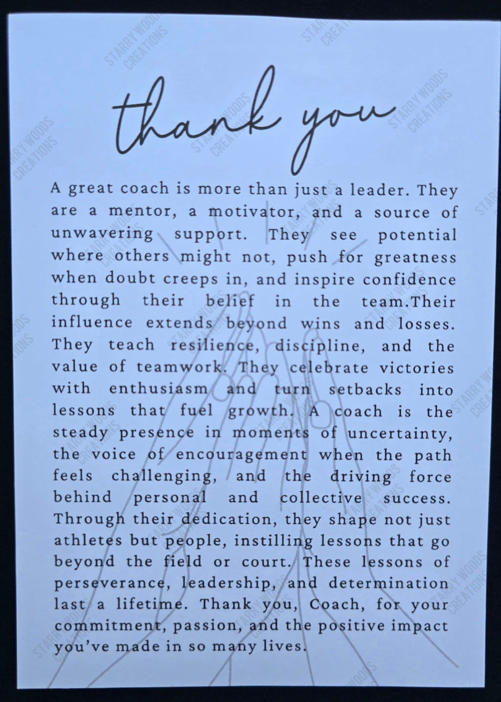 Thank you coach story card that is included with ornaments. Creates sentimental and personal meaning to gift giving of the ornament. 