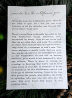 Story card included with the wildflower ornament with a natural background, expanding in the meaning and sentiment of the ornament.